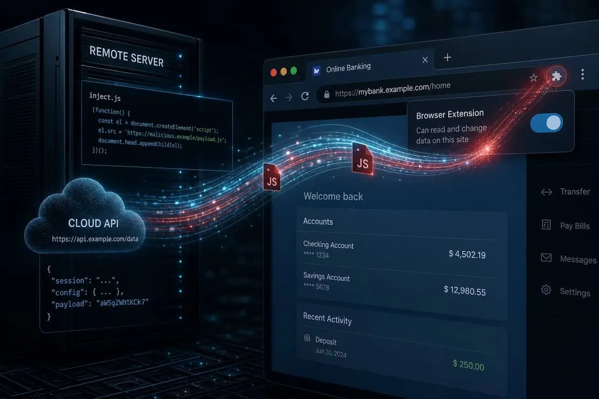 Illustration: remote API pushing JavaScript into an authenticated banking tab