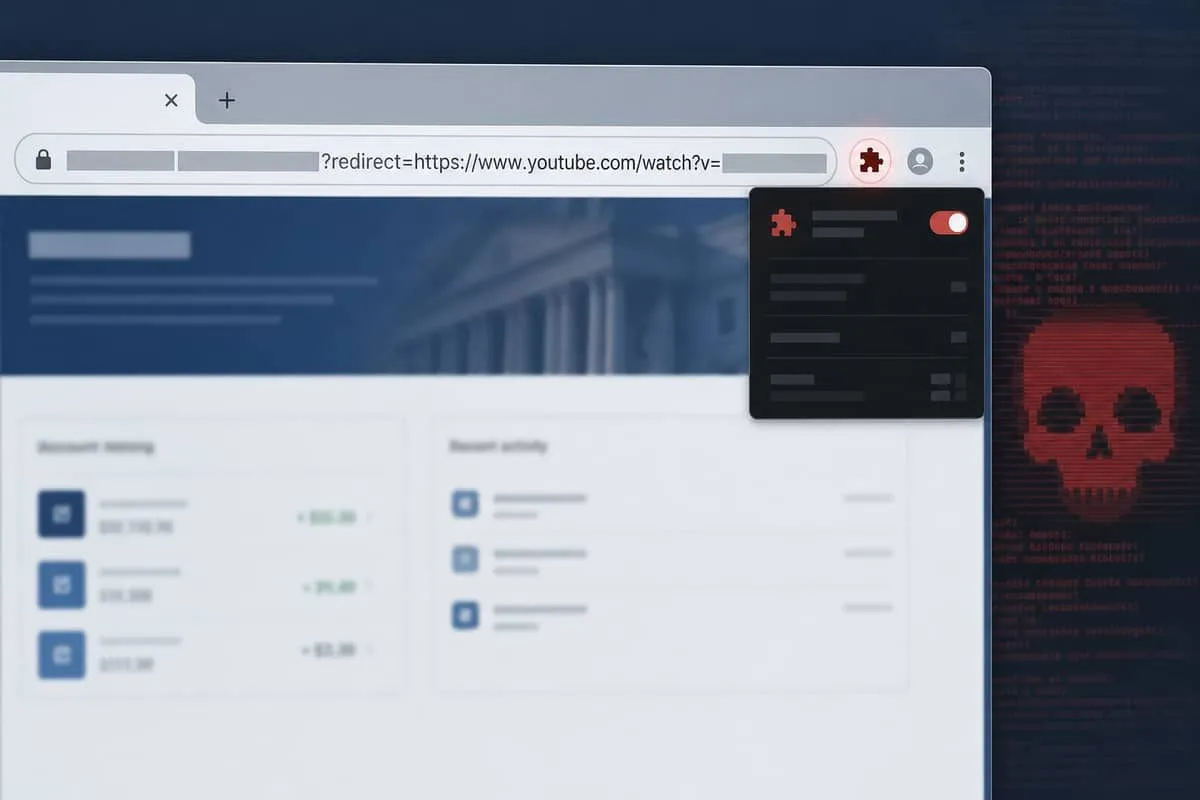 Illustration: browser on banking site with youtube.com hidden in URL query string