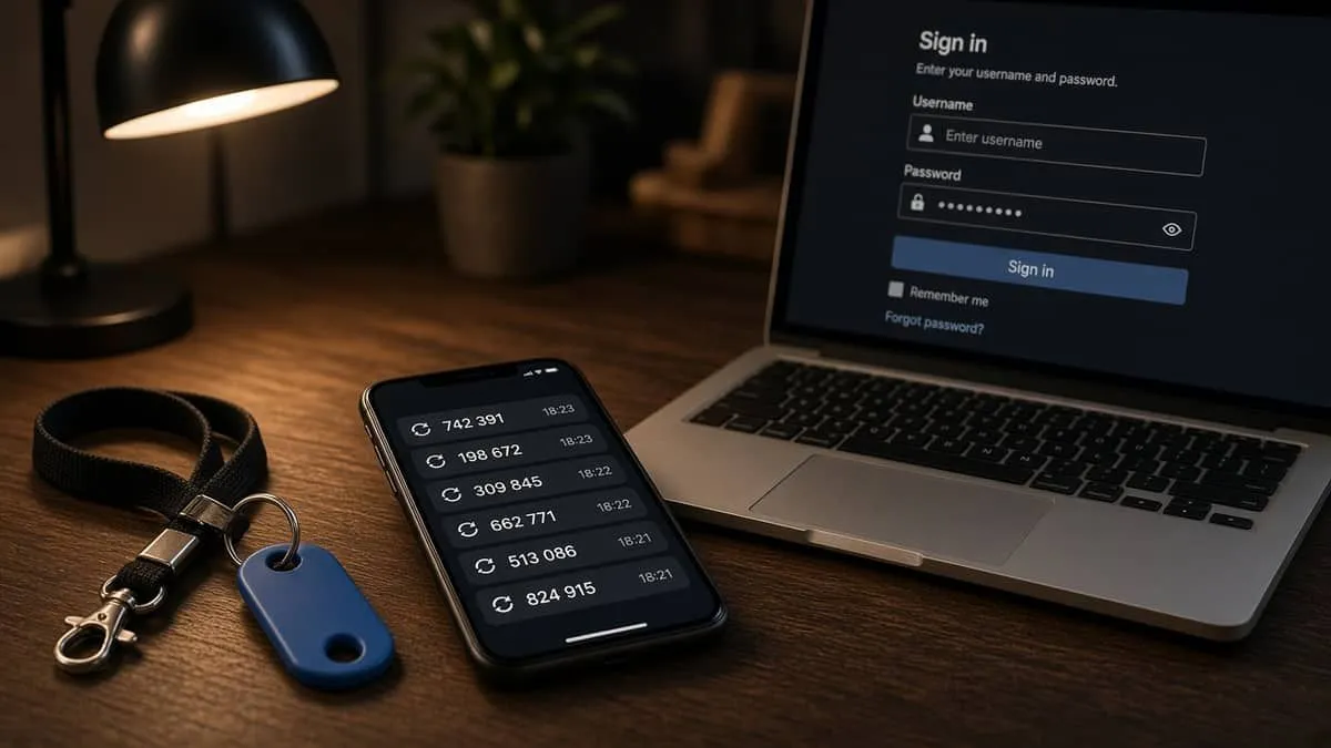 Hardware security key and phone authenticator beside a password-only login