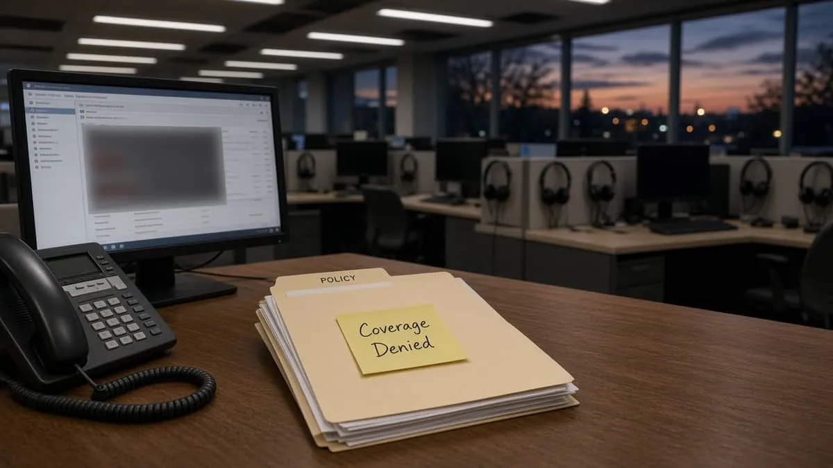 Call-center floor at dusk with empty headsets and a coverage-denied insurance folder on a manager desk