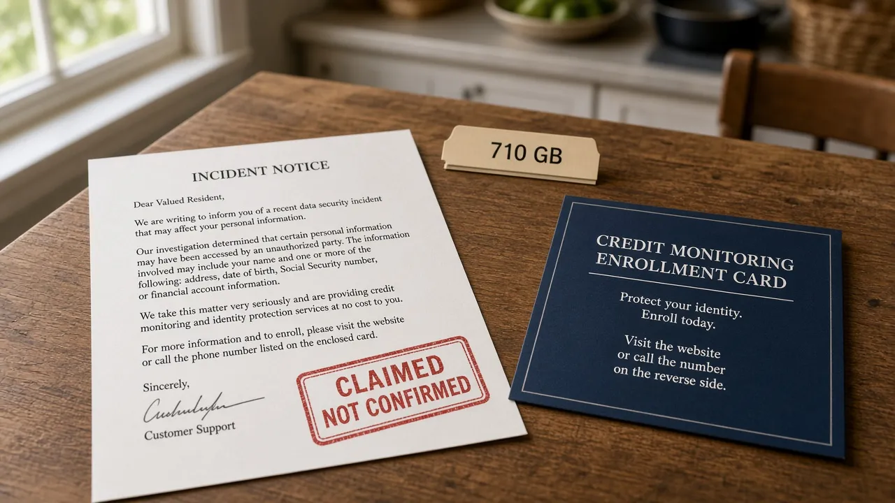 Printed incident notice beside a credit-monitoring card stamped claimed, not confirmed