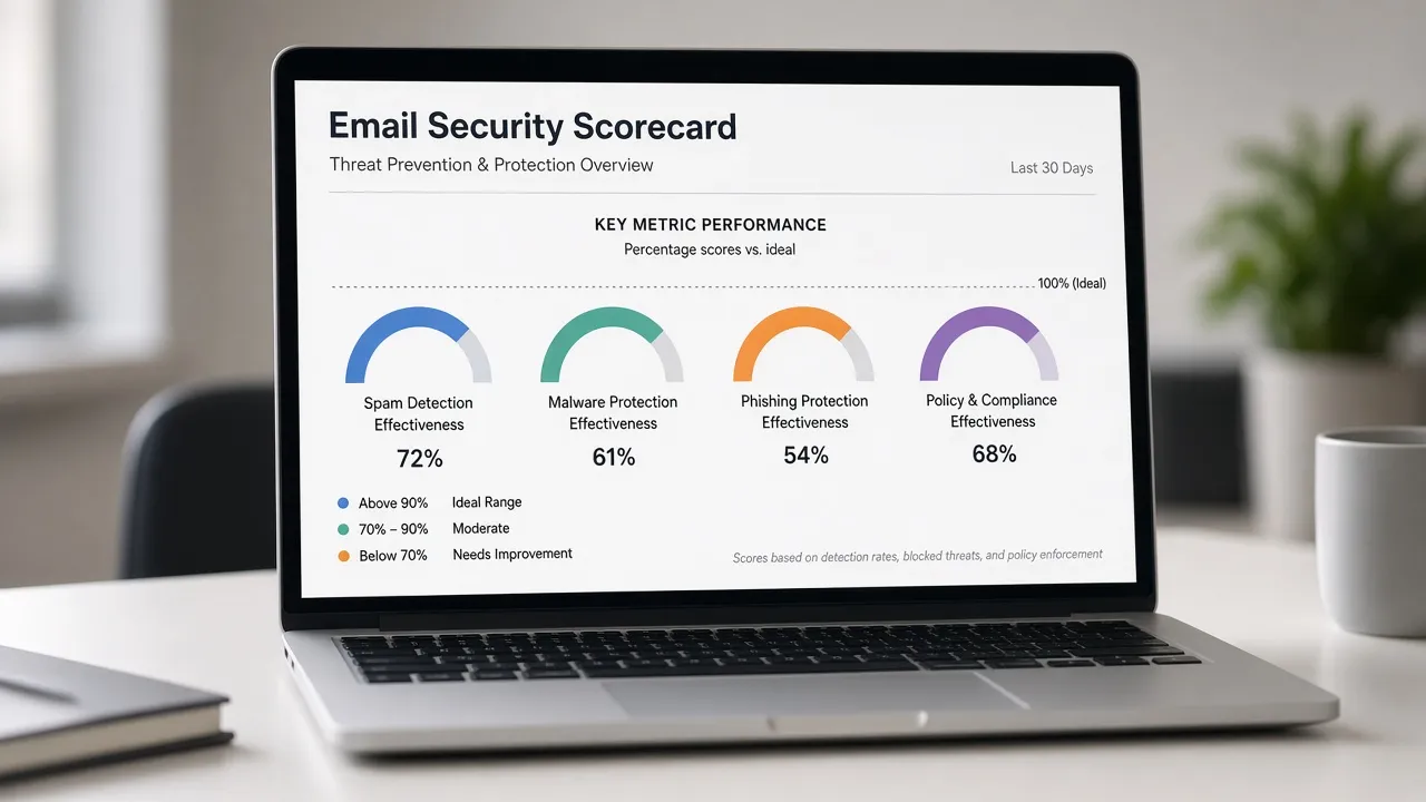 Printed email-security scorecard with four gauges below a 100 percent ideal