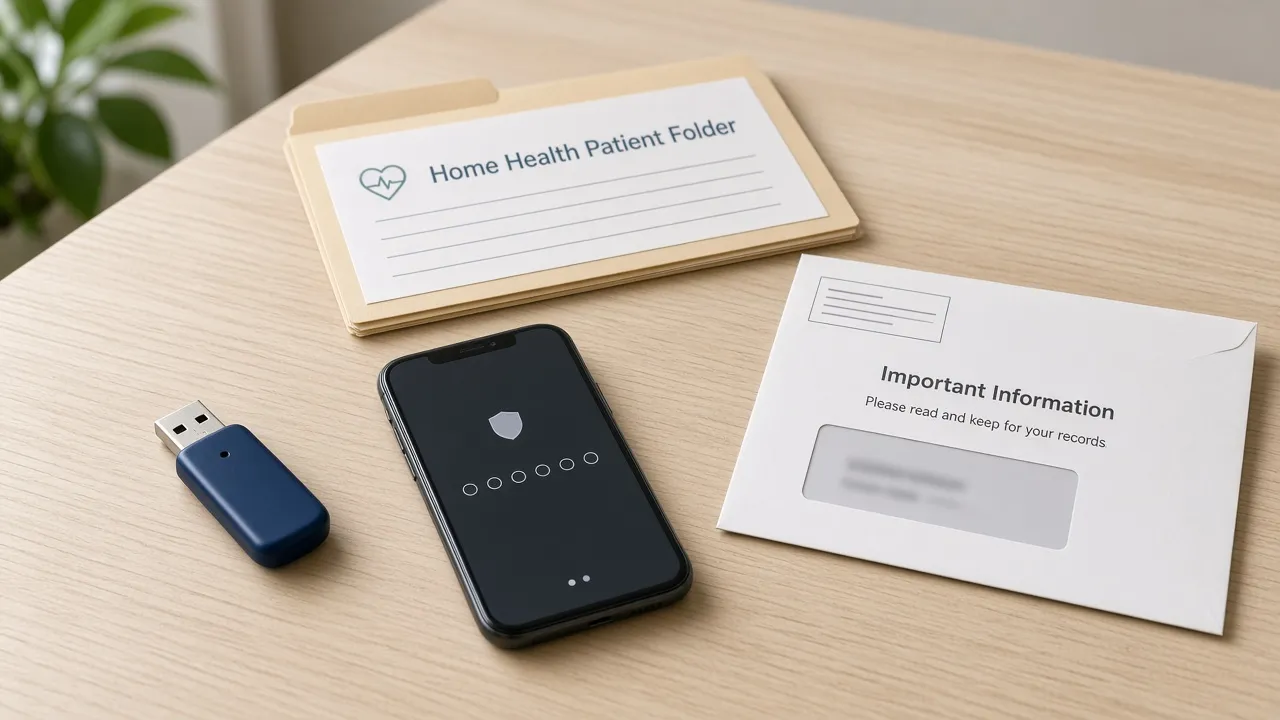 Hardware security key and phone authenticator beside a home-health folder
