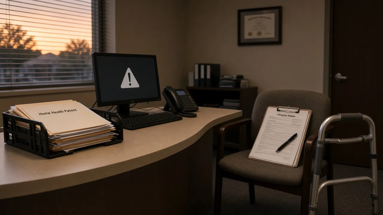 Mansfield home-health office at dusk with a darkened records monitor and patient folders