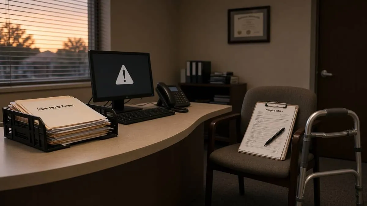 Mansfield home-health office at dusk with a darkened records monitor and patient folders