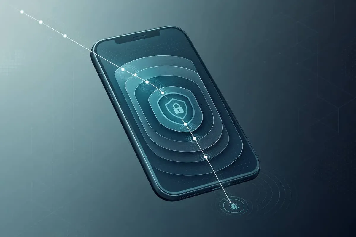Illustration: abstract smartphone security rings breached by a targeted spyware attack path
