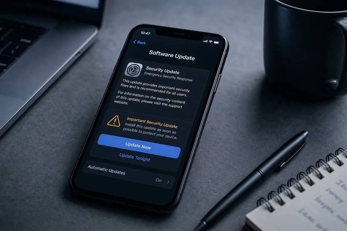 iPhone showing an emergency software update prompt for critical security patches
