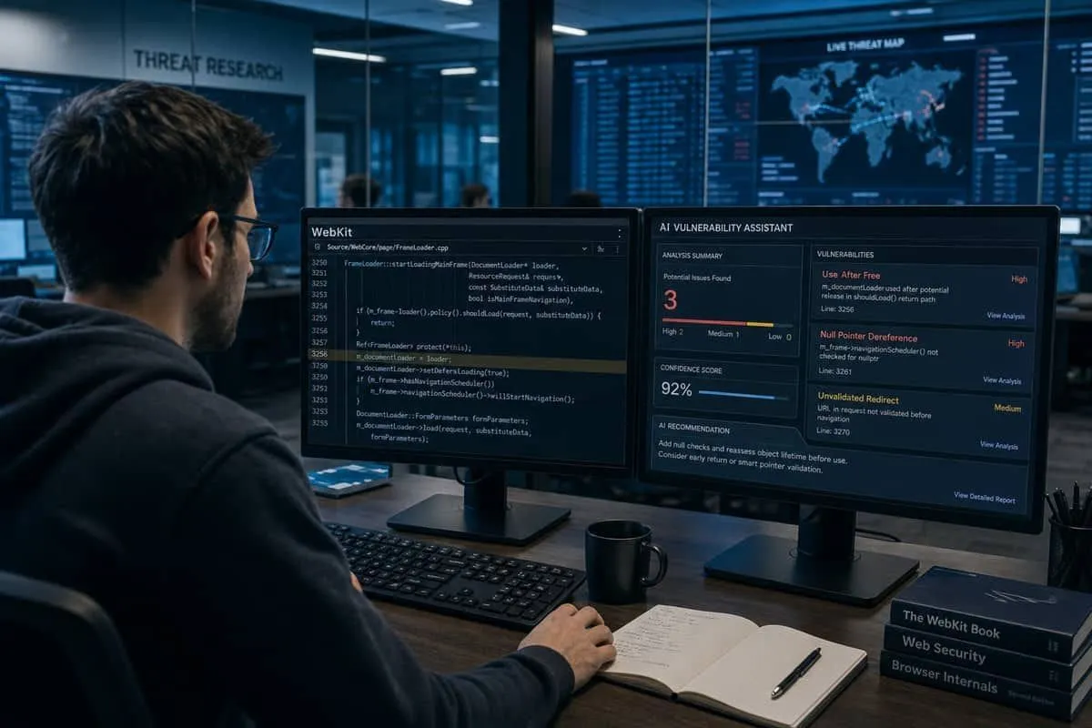 Illustration: security researcher using AI tools to analyze WebKit source code on dual monitors in a modern SOC