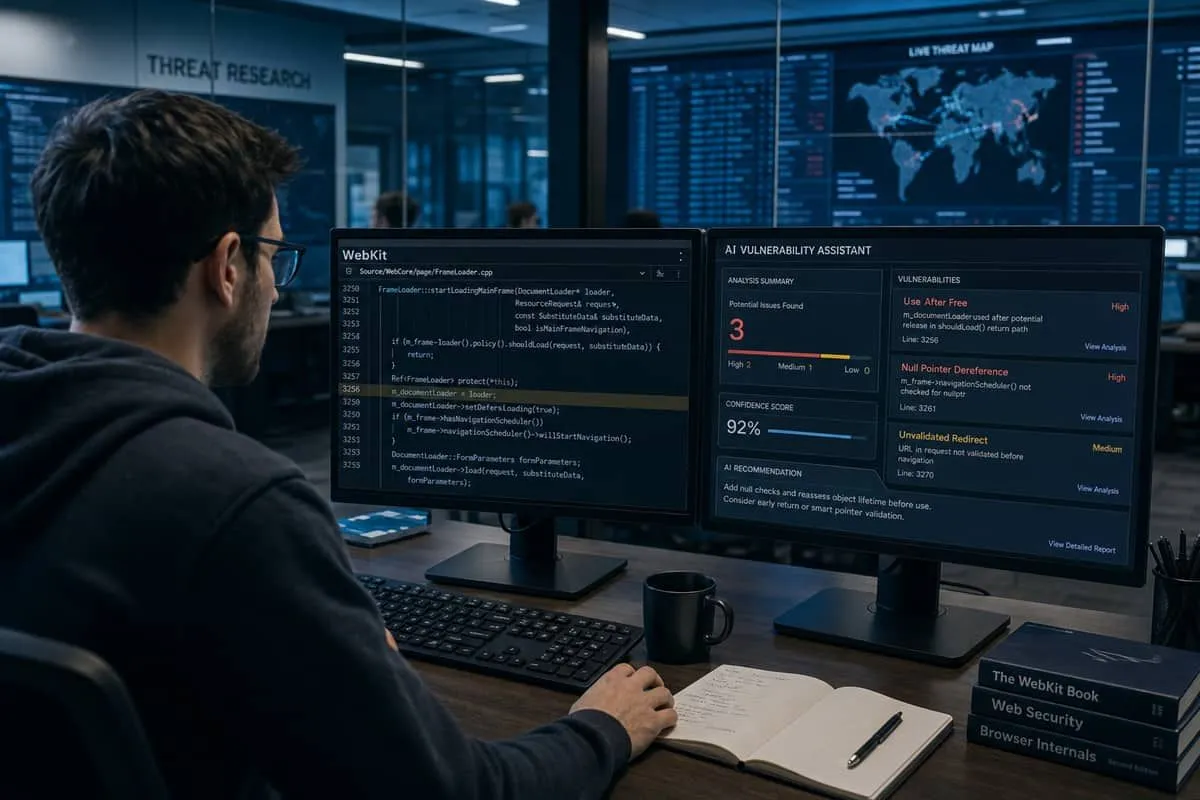 Illustration: security researcher using AI tools to analyze WebKit source code on dual monitors in a modern SOC