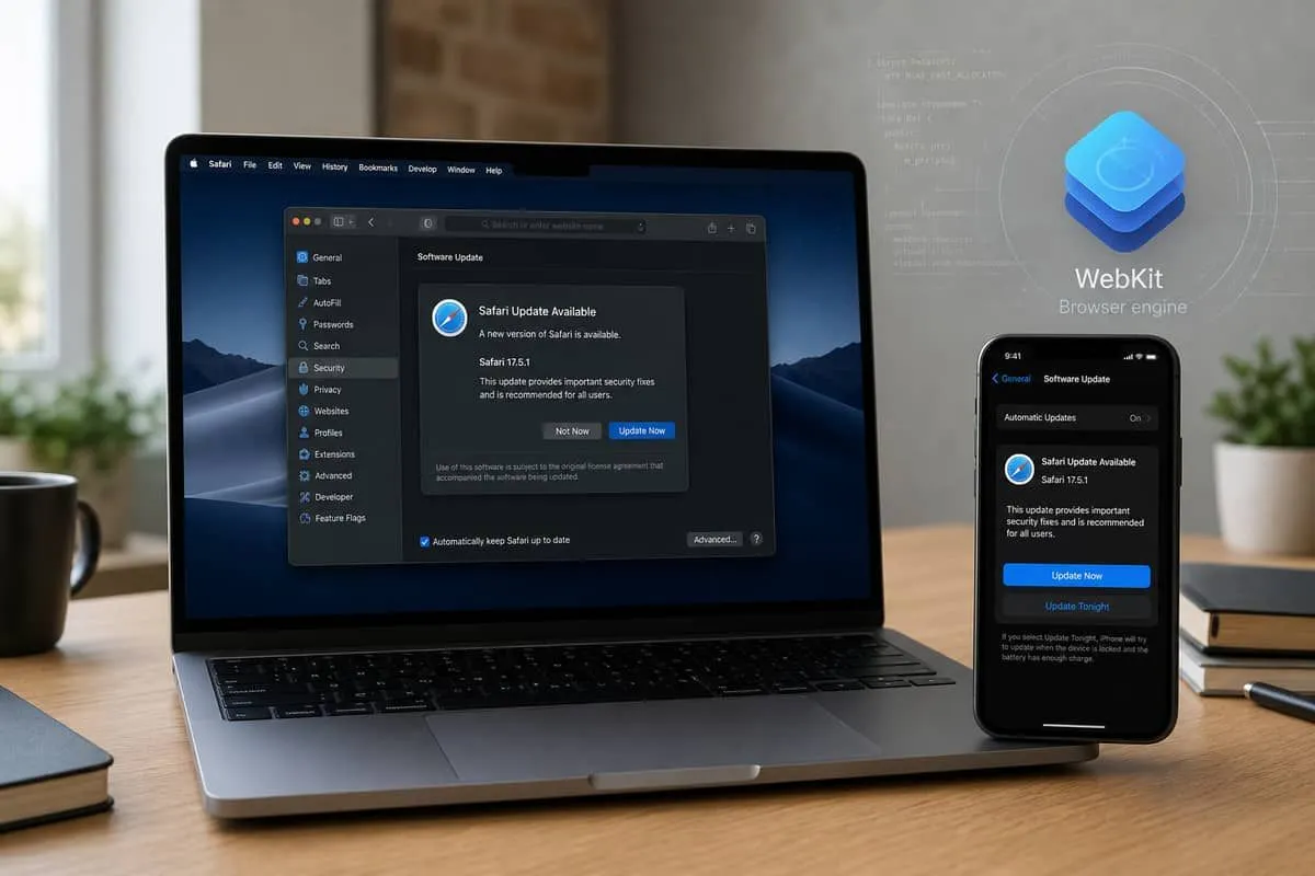 Illustration: MacBook and iPhone showing Safari security update available notification with WebKit engine diagram overlay