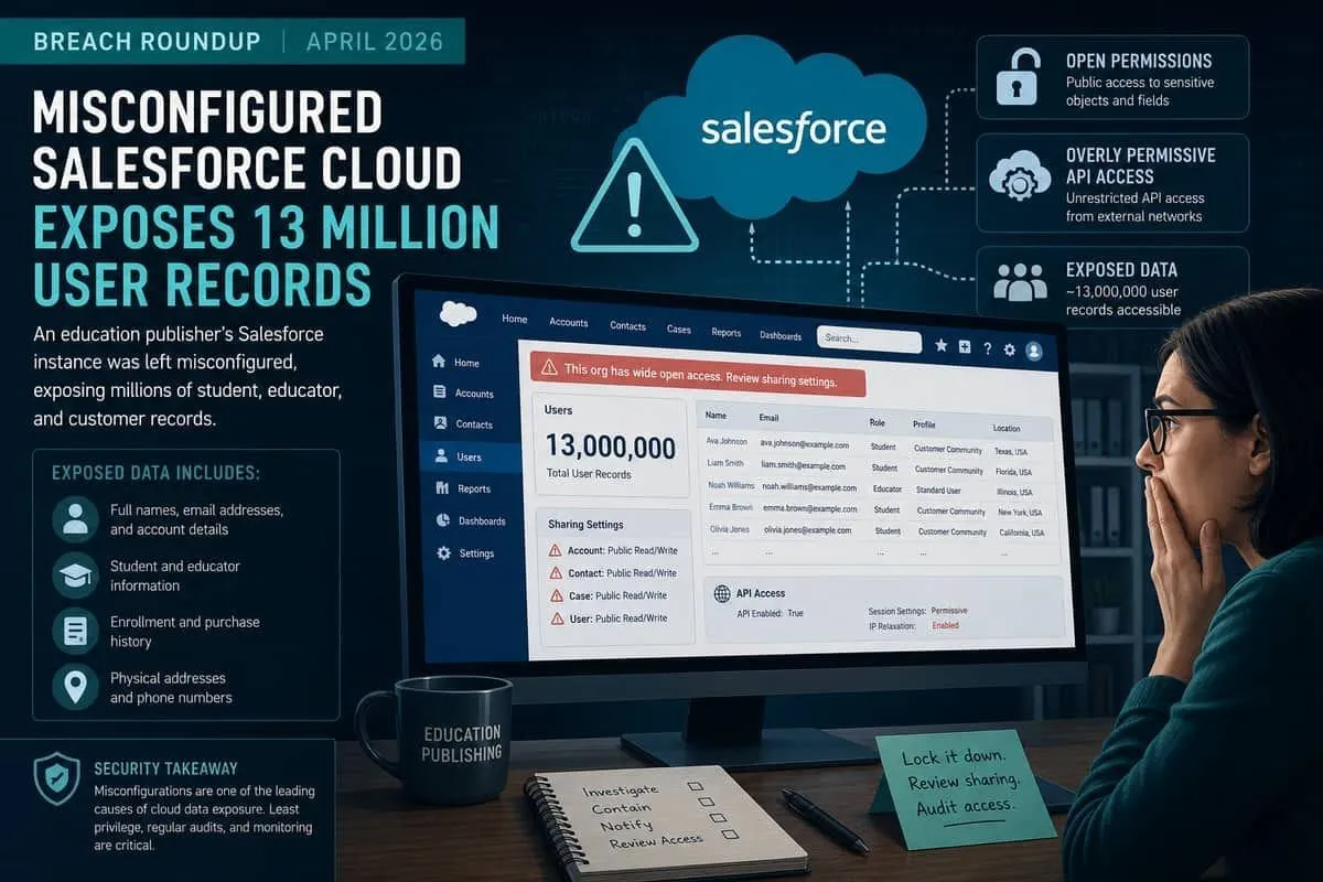 Illustration: misconfigured Salesforce cloud exposing millions of education platform user records