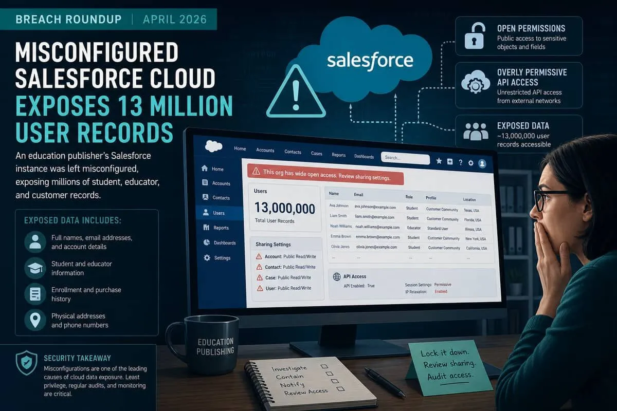 Illustration: misconfigured Salesforce cloud exposing millions of education platform user records