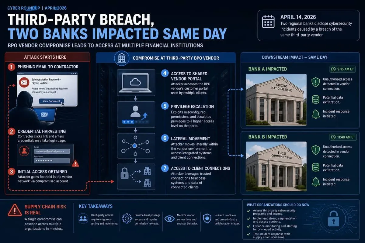 Illustration: third-party BPO vendor breach affecting multiple banks through shared contractor access
