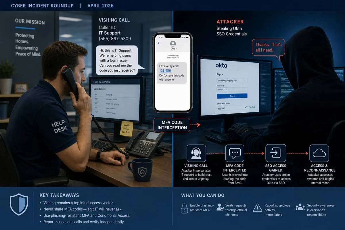 Illustration: help desk employee tricked by vishing call while attacker steals SSO credentials