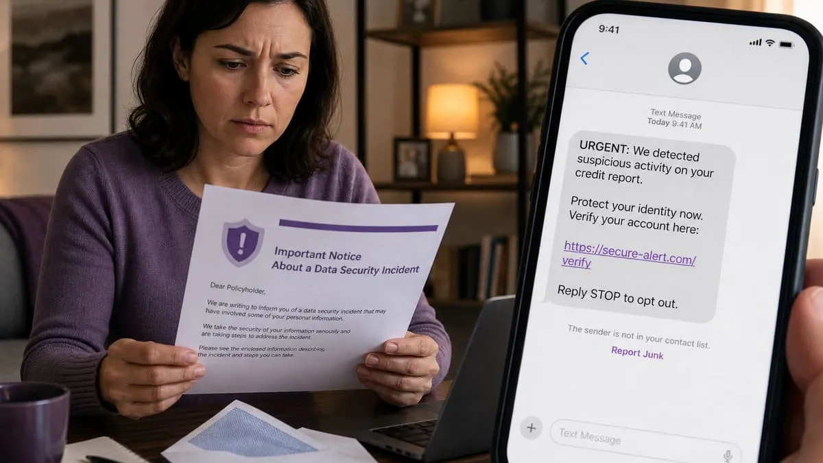 Policyholder receives breach notice while fake credit-monitoring phishing message appears on phone