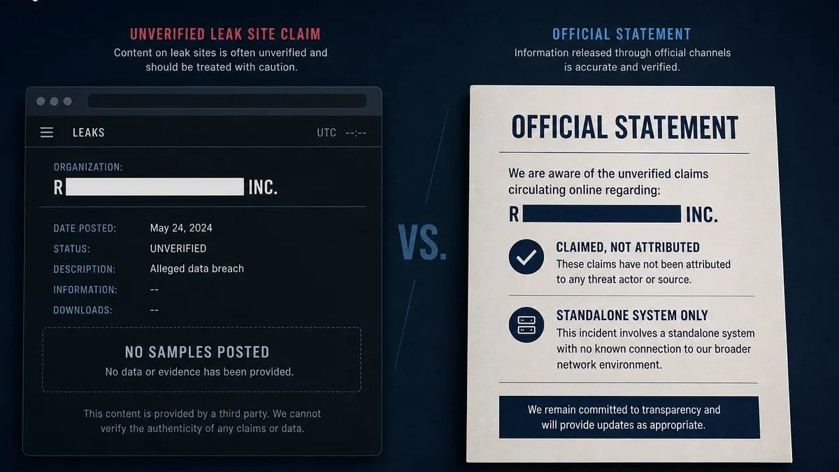Unverified leak-site name listing beside a card that says claimed, not attributed