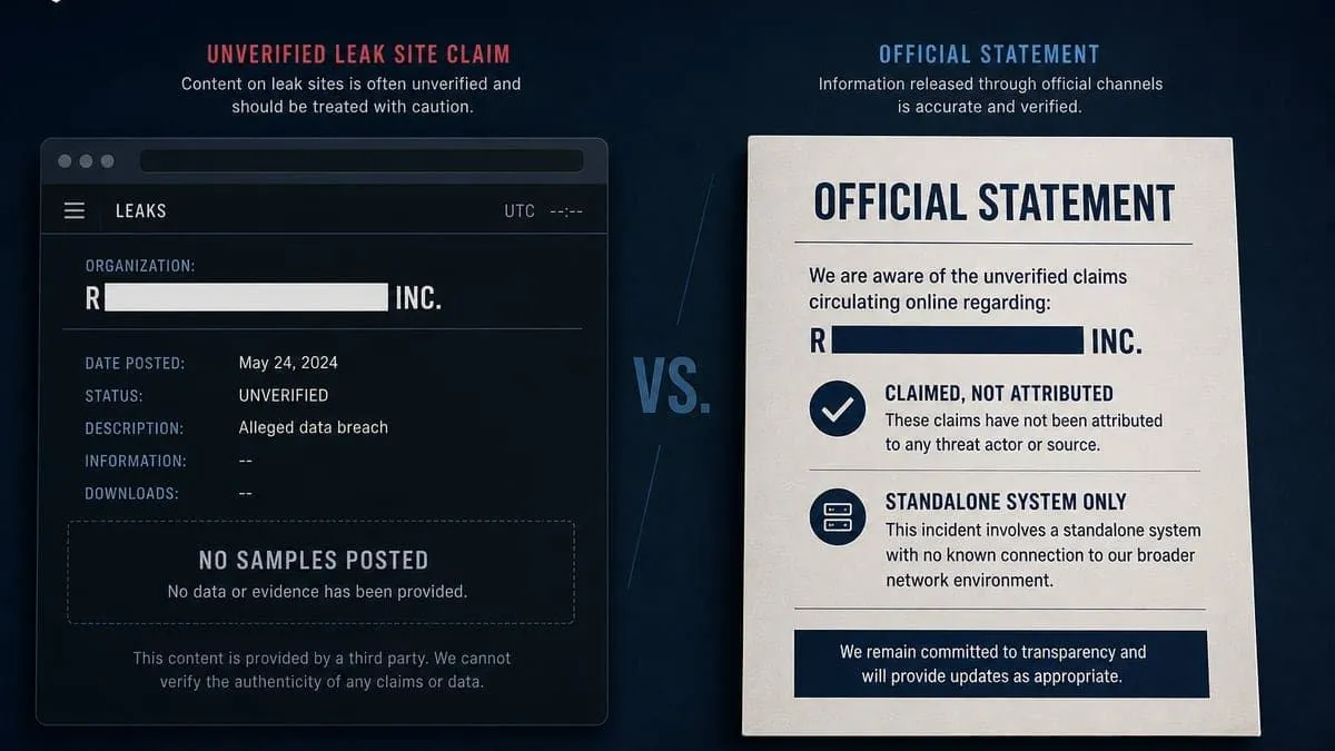 Unverified leak-site name listing beside a card that says claimed, not attributed