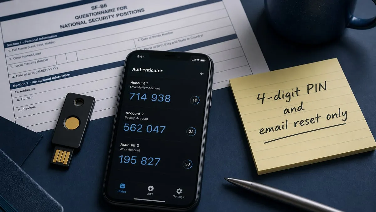 Hardware security key and authenticator app beside a note that eForms still uses a four-digit PIN