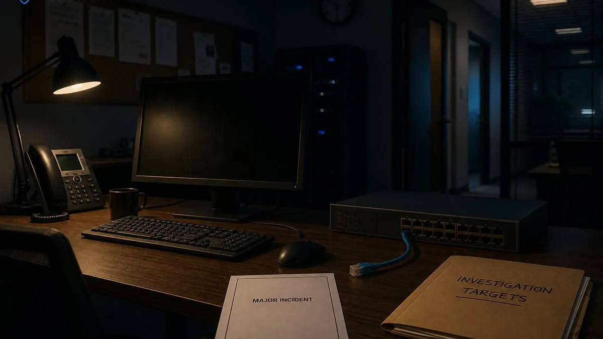 An isolated federal workstation unplugged from a network switch after a major-incident notice