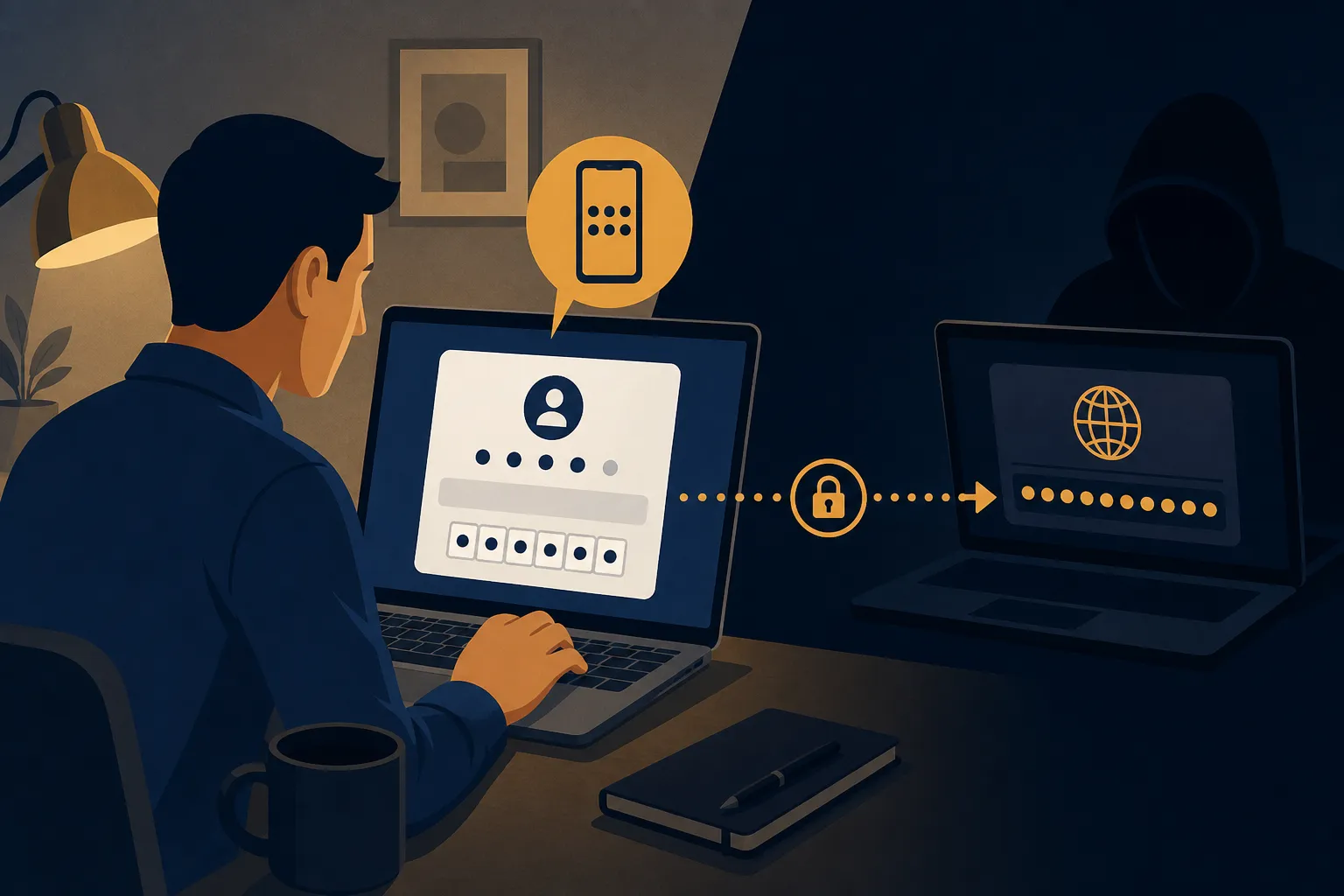 Office worker entering a device code on a genuine-looking sign-in page while a second laptop collects a session token
