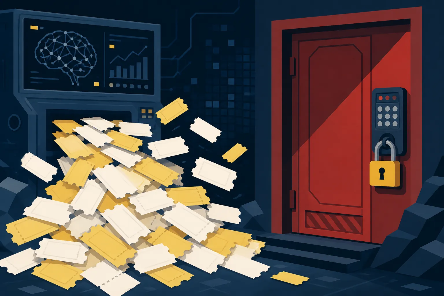CVE tickets flooding an AI research console beside a locked remote-access door still using a stolen password