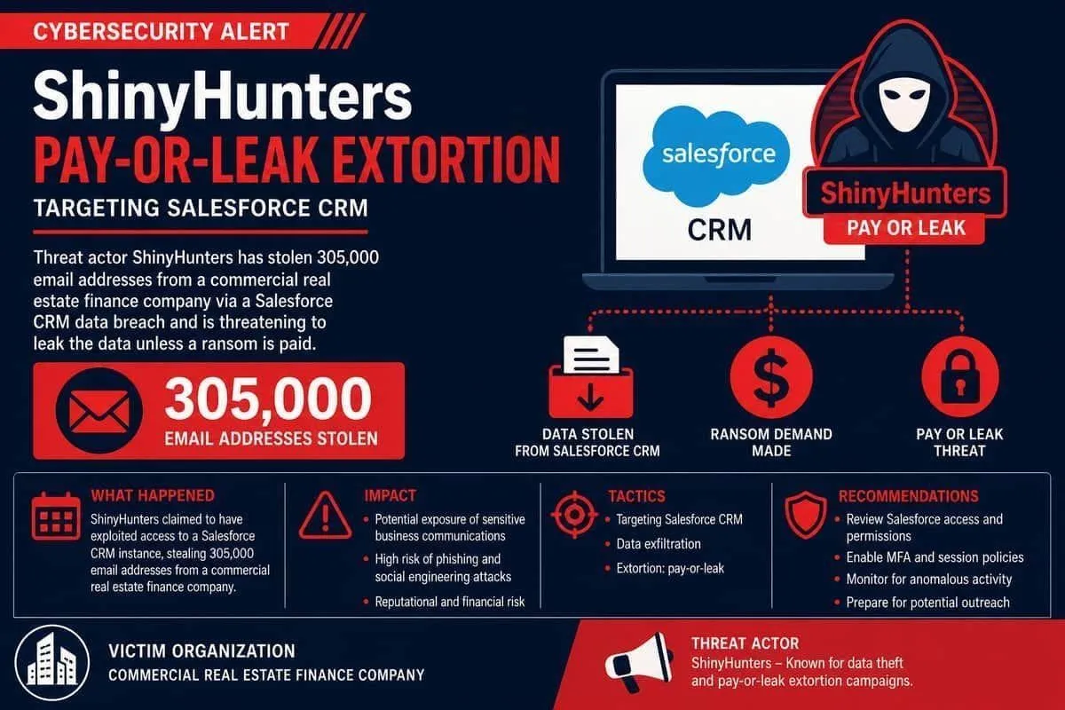 Illustration: ShinyHunters Salesforce pay-or-leak extortion against commercial real estate finance CRM