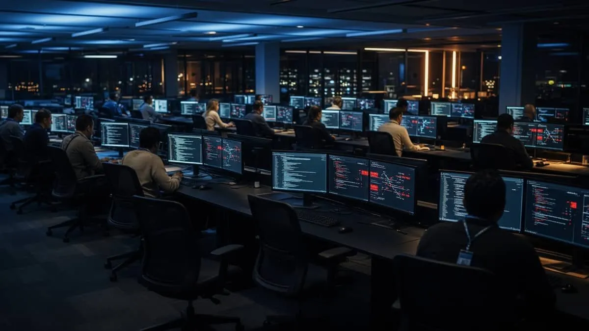 Night bank operations floor with extra contractor workstations and dual monitors