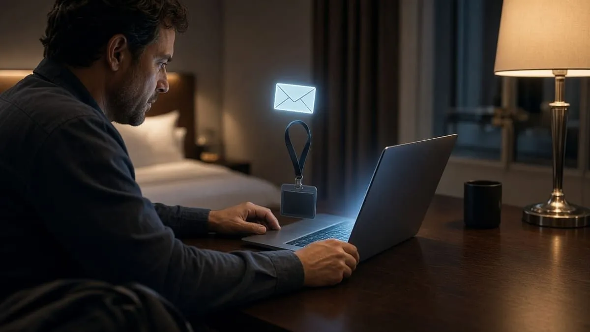 Contractor at a hotel desk with a glowing envelope lure above a badge lanyard