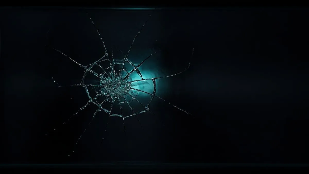 Cracked dark glass with teal light leaking through the fracture