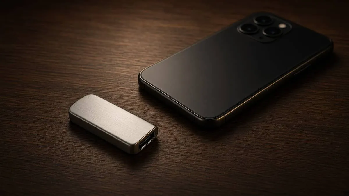 Blank metal USB security key beside a face-down smartphone