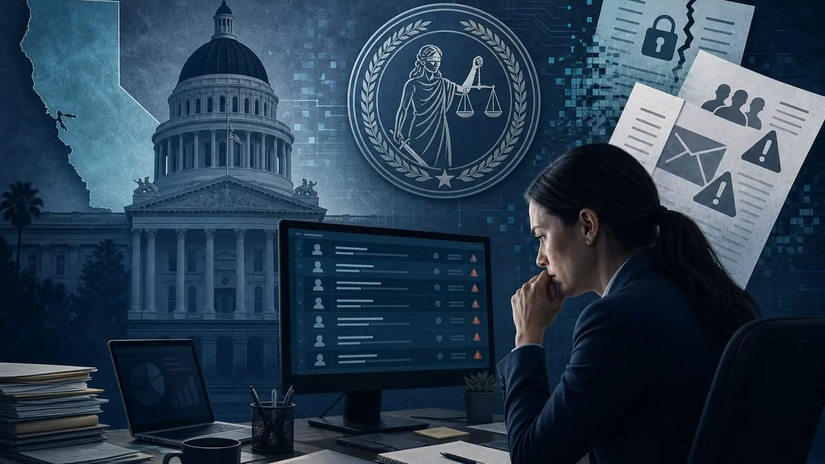 Illustration: California AG breach list review with compliance officer and state government cybersecurity theme