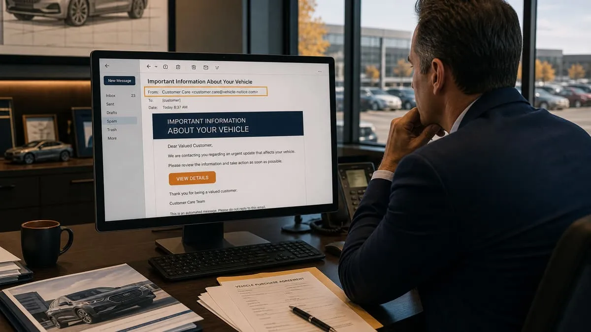 Illustration: auto manufacturer corporate office with spoofed customer breach email on screen