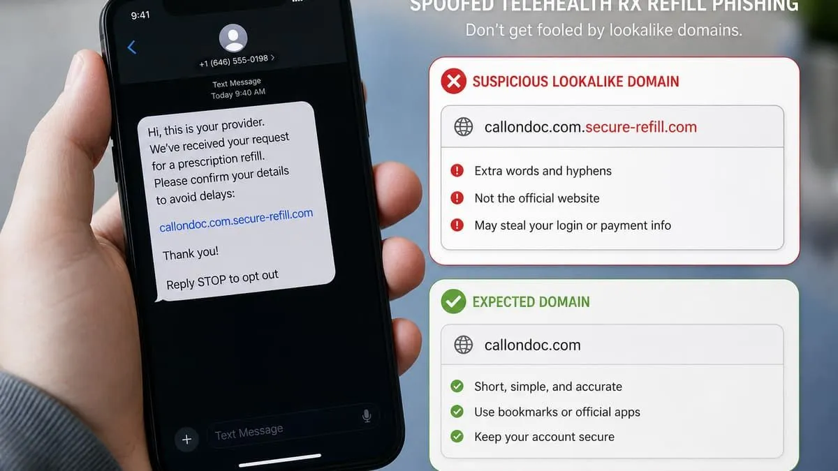 Spoofed Call-on-Doc Rx refill phishing beside registered lookalike domains