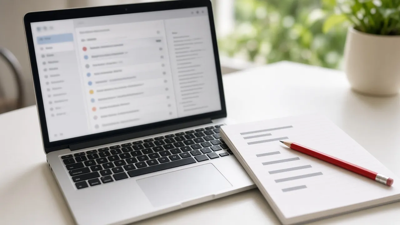 Laptop with a blurred inbox beside a page of gray bars and a red pencil