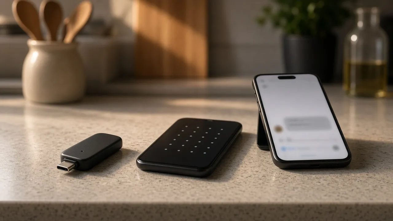Hardware security key beside a phone with a dot grid and a phone with a blurred message