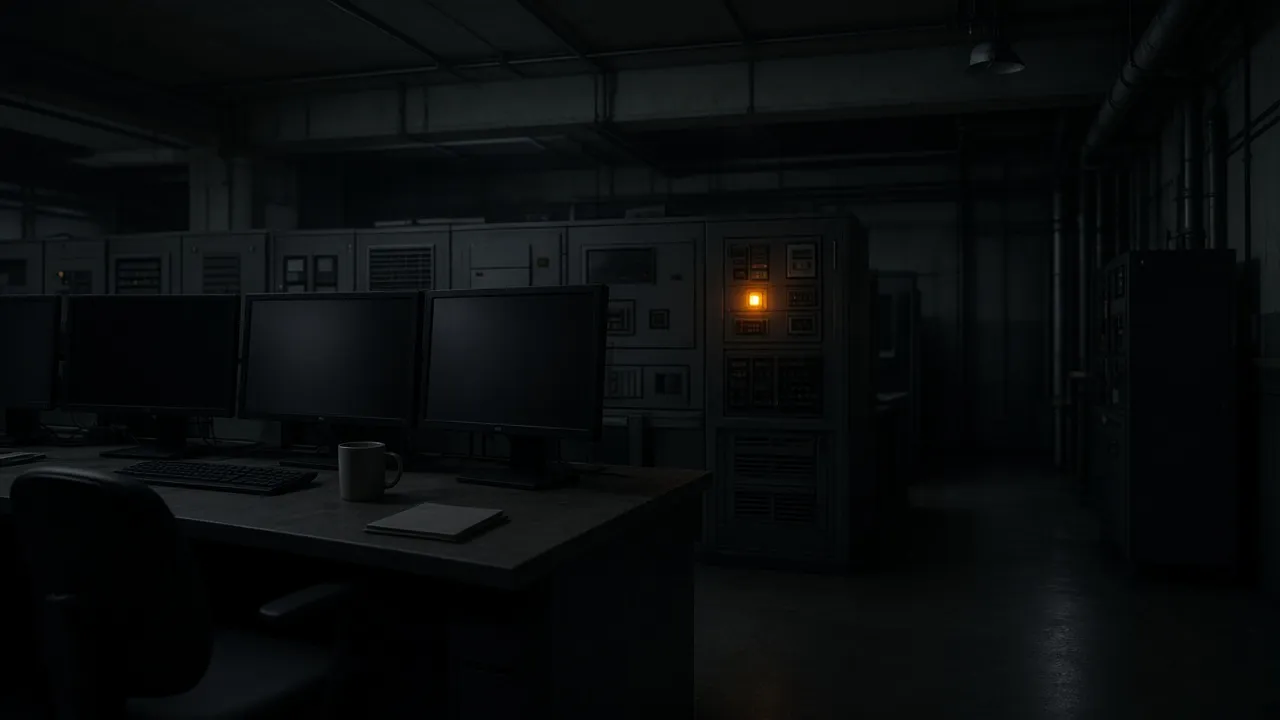 Dim room of dark monitors with one amber light