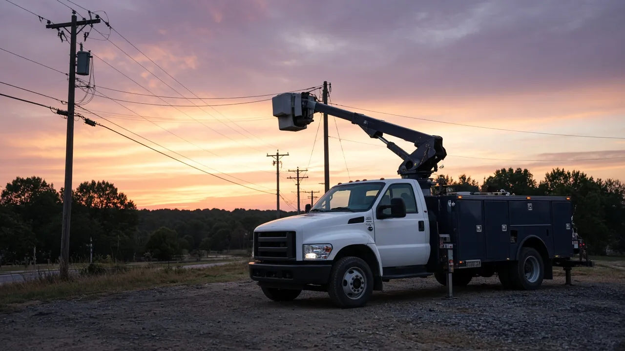 Utility bucket truck parked at dusk beside power lines