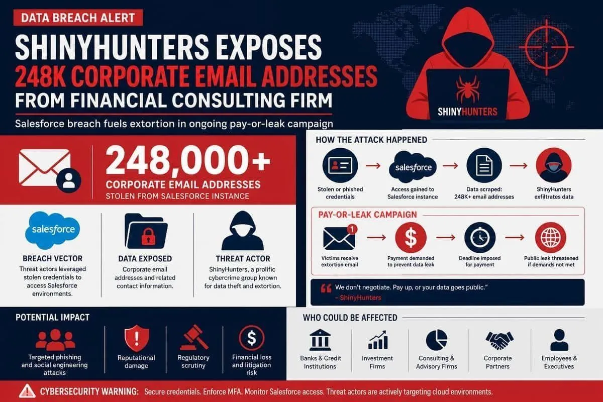 Illustration: ShinyHunters Salesforce extortion against financial consulting firm CRM