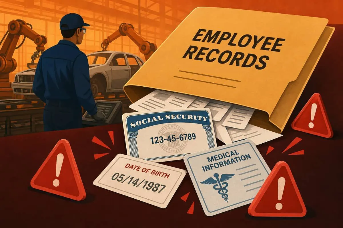Illustration: employee SSN and medical records exposed in automotive manufacturing breach