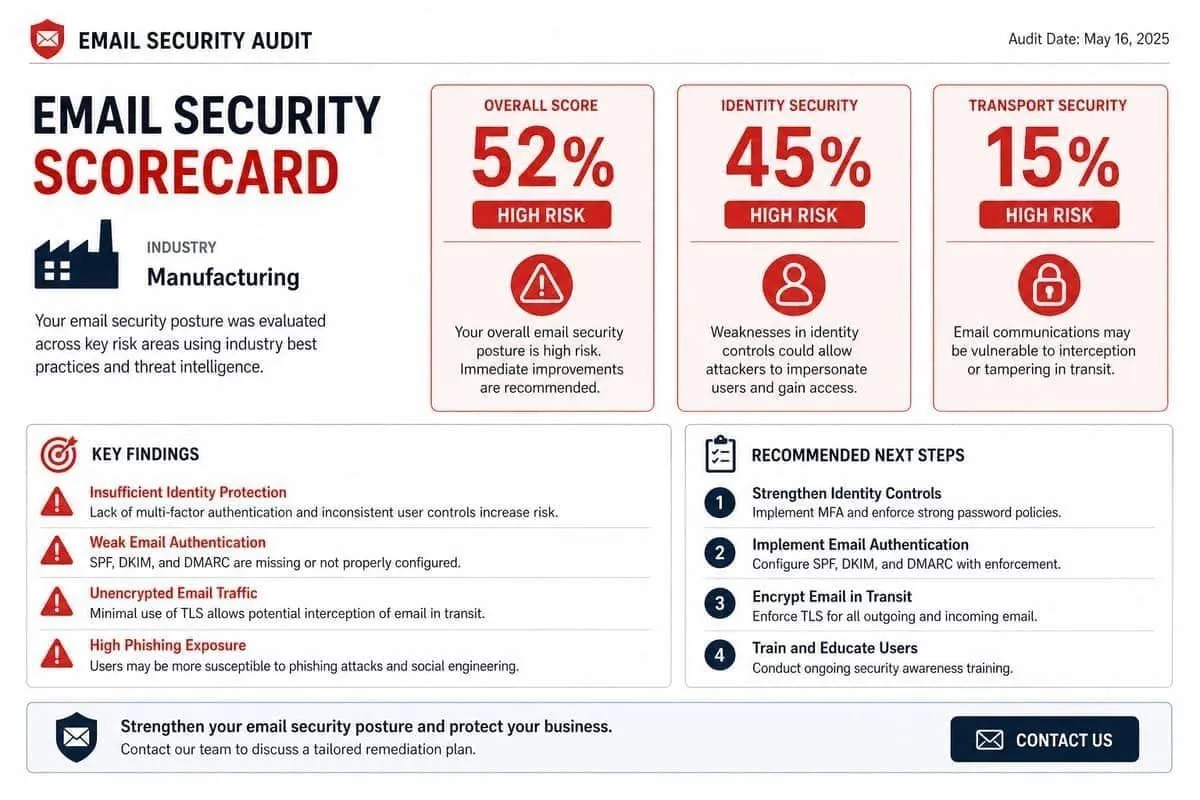 Illustration: challenge-mfg.com email security audit showing identity and transport weaknesses