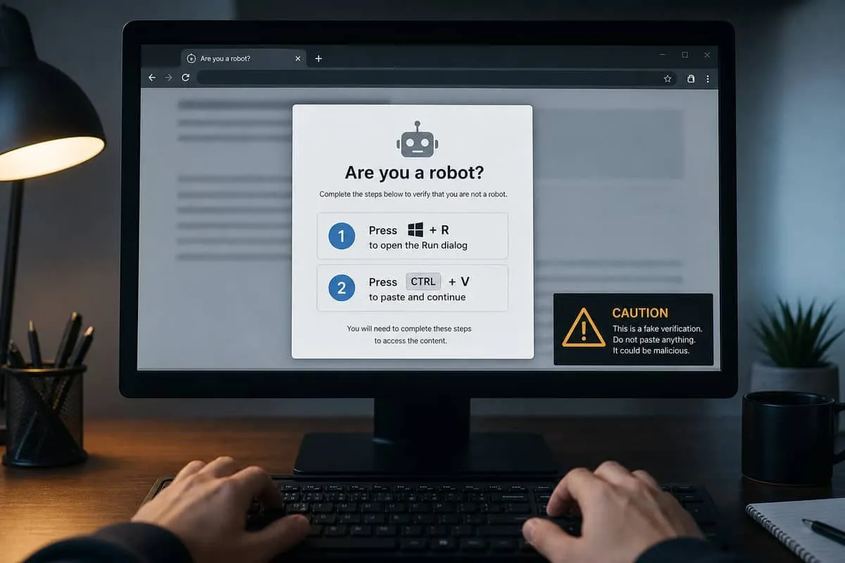 Fake CAPTCHA malware lure instructing Windows Run and paste commands