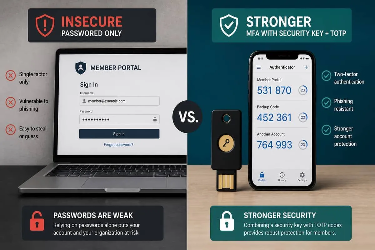 Password-only chamber login contrasted with hardware key and authenticator app