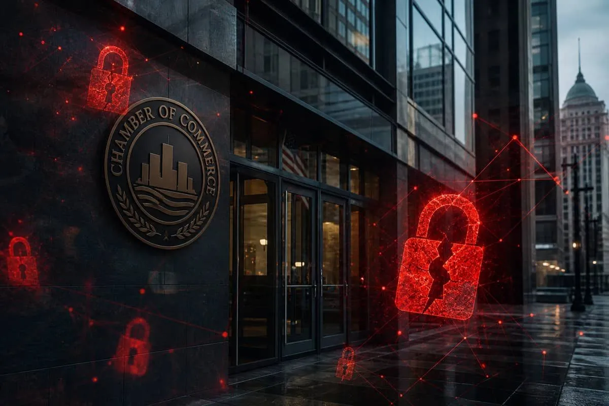 Chamber of commerce office facade under abstract cyber breach alert signals