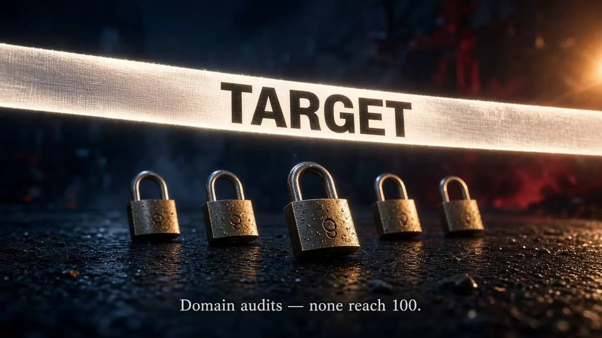 Padlocks stop short of a 100 percent finish line, illustrating domain audits that miss the ideal score