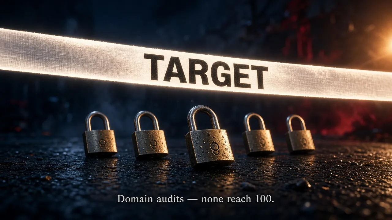 Padlocks stop short of a 100 percent finish line, illustrating domain audits that miss the ideal score
