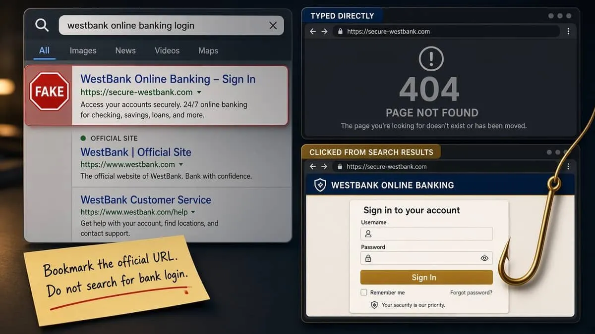Google search results for a bank portal with a typosquatted top result marked suspicious