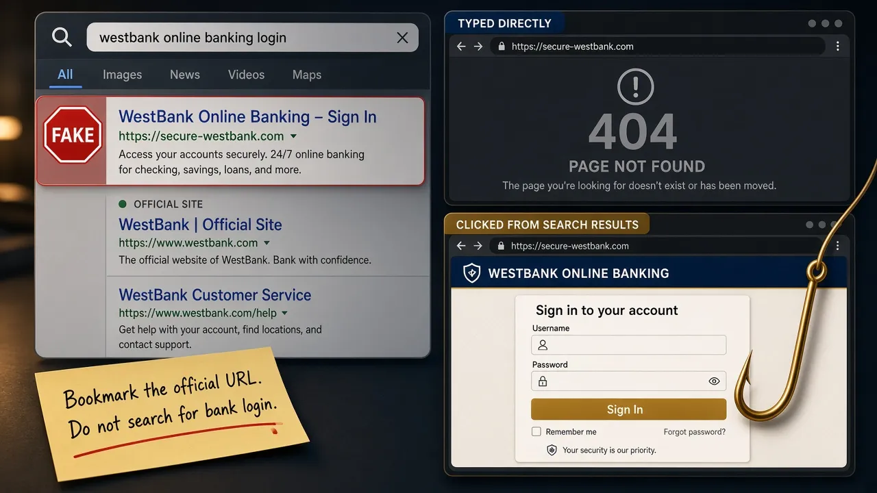 Google search results for a bank portal with a typosquatted top result marked suspicious