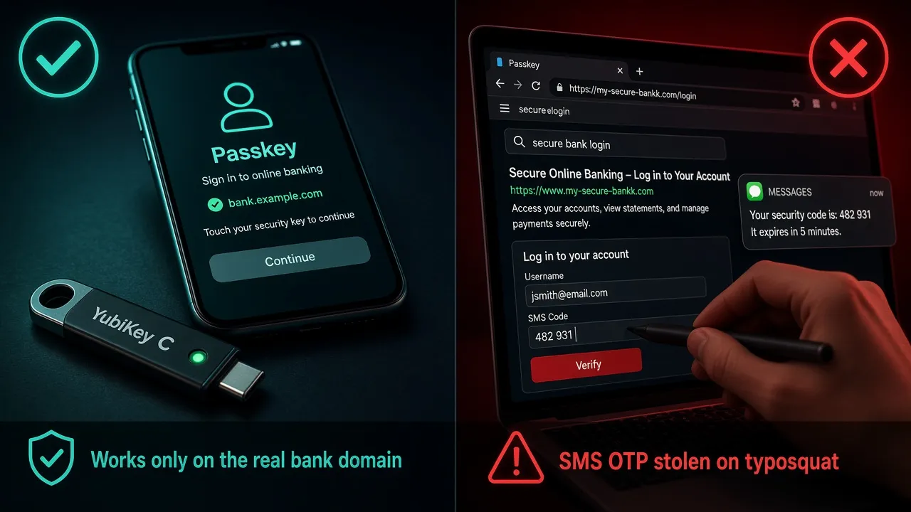 Passkeys and hardware security keys resist fake domains; SMS OTP does not