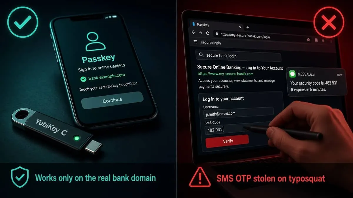 Passkeys and hardware security keys resist fake domains; SMS OTP does not
