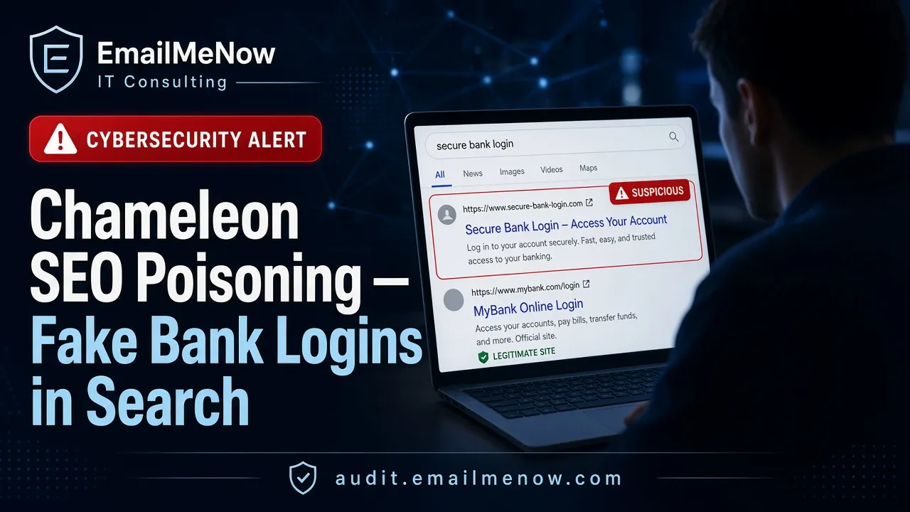 Laptop search results for a bank login with a suspicious lookalike URL ranked above the real site